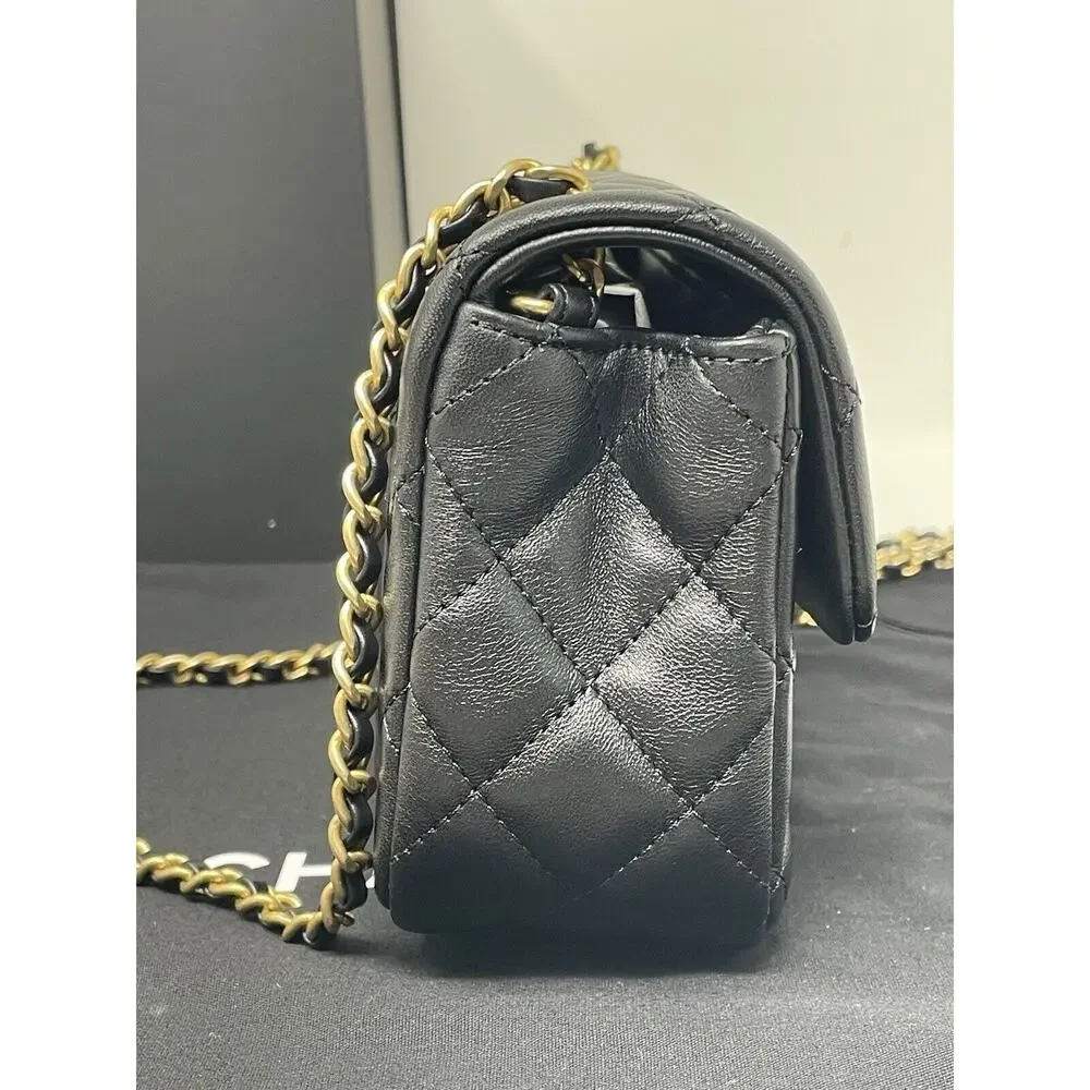 CHANEL 22S Black Mini Rectangle Pearl Crush Braid Gold Ball Flap Bag Unused - Picture 6 of 16